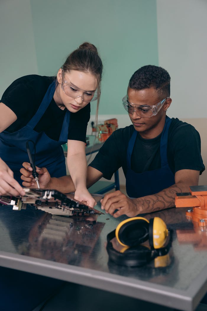 Two engineers collaborate on circuit board repair, emphasizing teamwork and expertise.